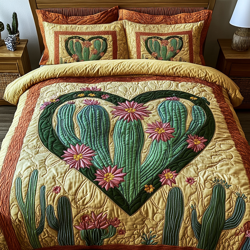 Nature Embrace Cacti quilted 3-piece bedding set on a made bed with two matching pillow shams