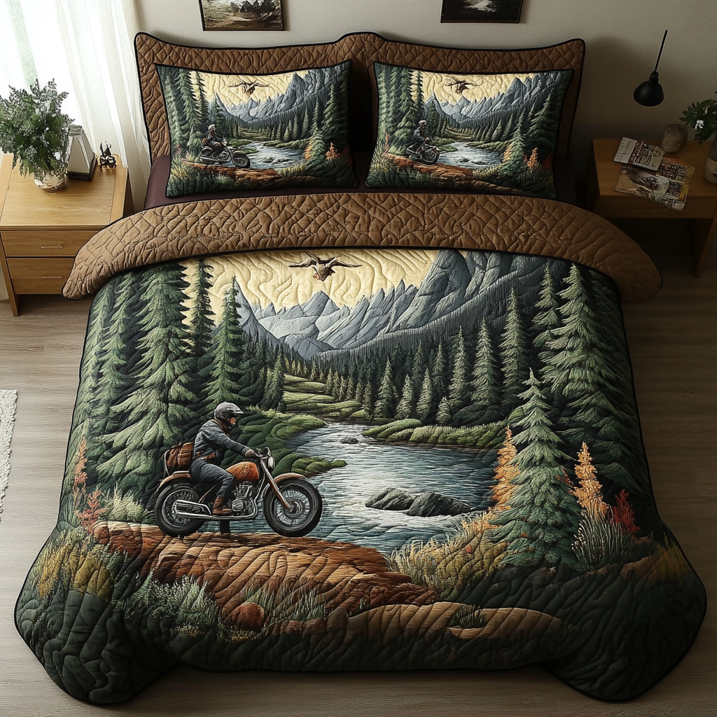 Nature Escape Bedspread quilted 3-piece bedding set on a made bed with two matching pillow shams