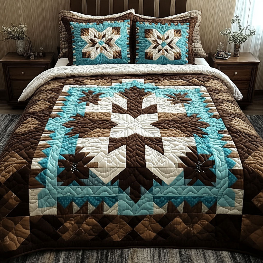 Nature Mosaic quilted 3-piece bedding set on a made bed with two matching pillow shams