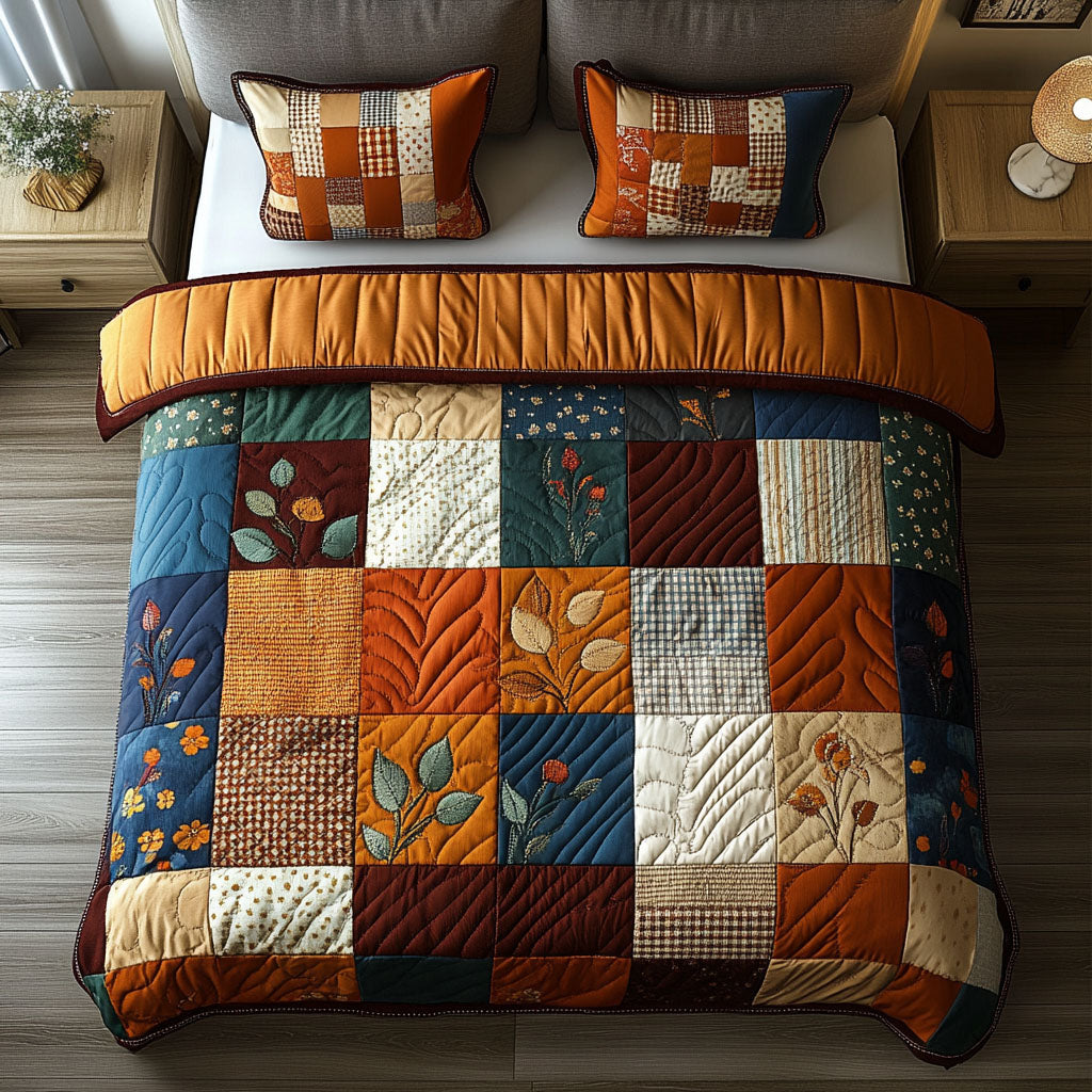 Nature Patchwork quilted 3-piece bedding set on a made bed with two matching pillow shams