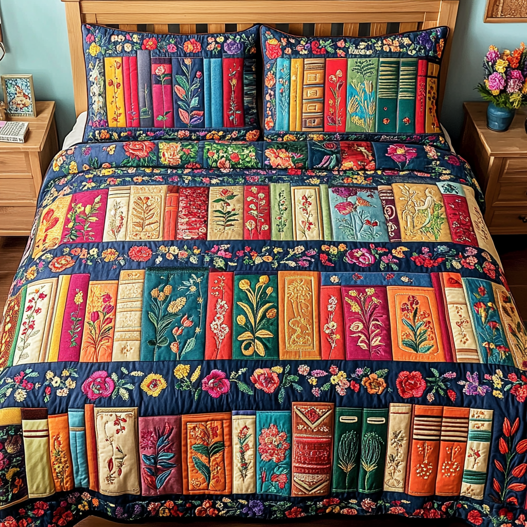 Nature Volume quilted 3-piece bedding set on a made bed with two matching pillow shams