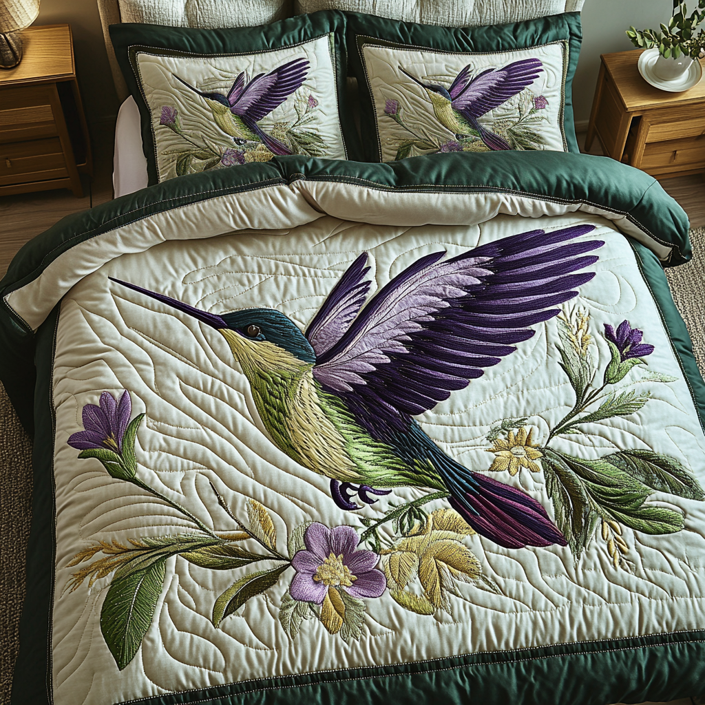 Nature Whirl quilted 3-piece bedding set on a made bed with two matching pillow shams