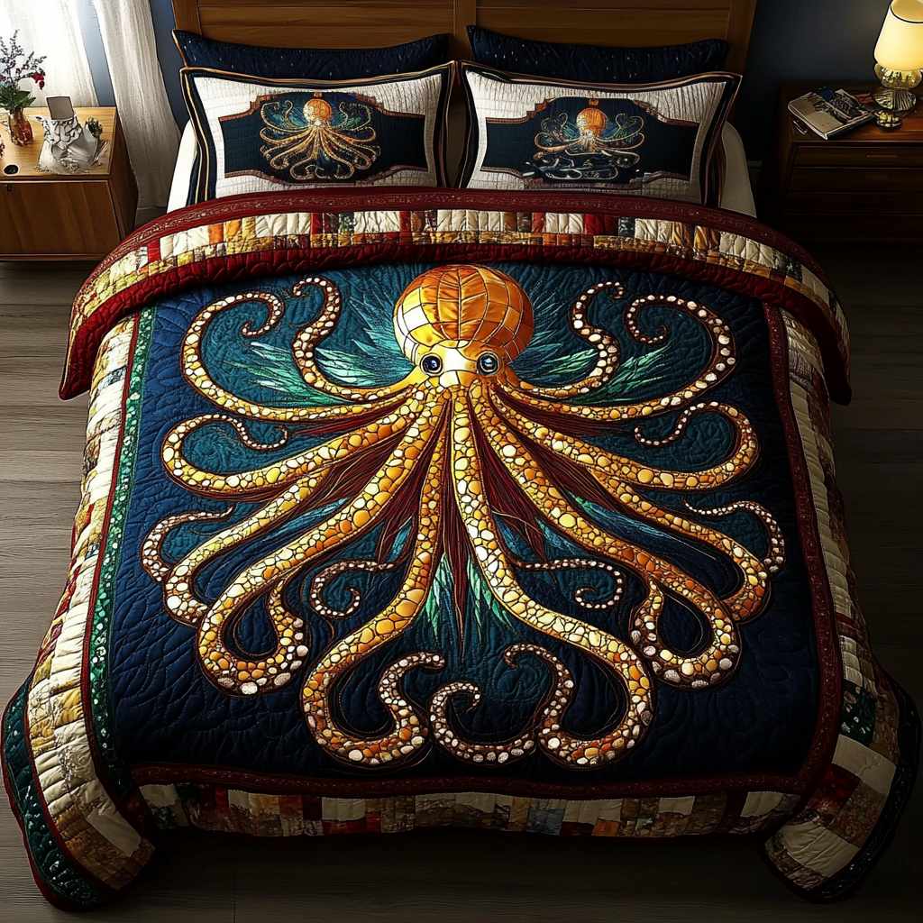 Nautical Grace quilted 3-piece bedding set on a made bed with two matching pillow shams