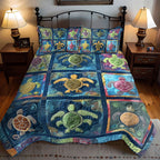 Navy Turtle Haven Animal quilted 3-piece bedding set on a made bed with two matching pillow shams