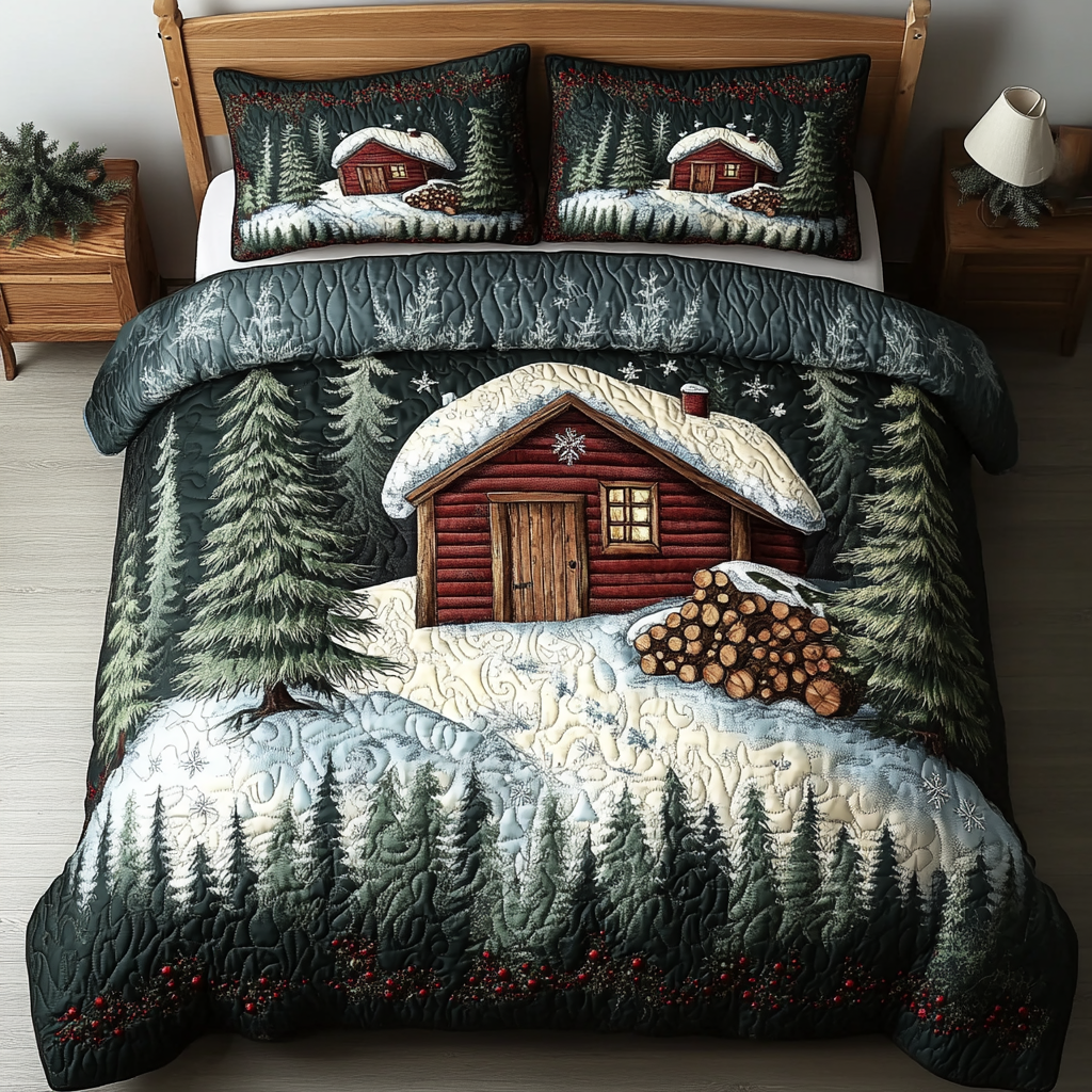Neutral Cabin Magic quilted 3-piece bedding set on a made bed with two matching pillow shams