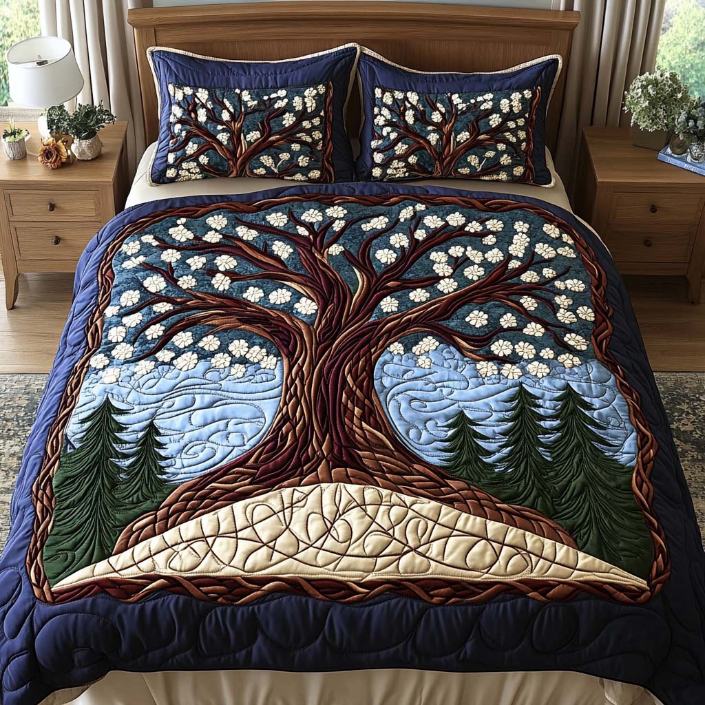 Neutral Celestial Tree quilted 3-piece bedding set on a made bed with two matching pillow shams