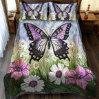 Neutral Lavender Wings Butterfly quilted 3-piece bedding set on a made bed with two matching pillow shams
