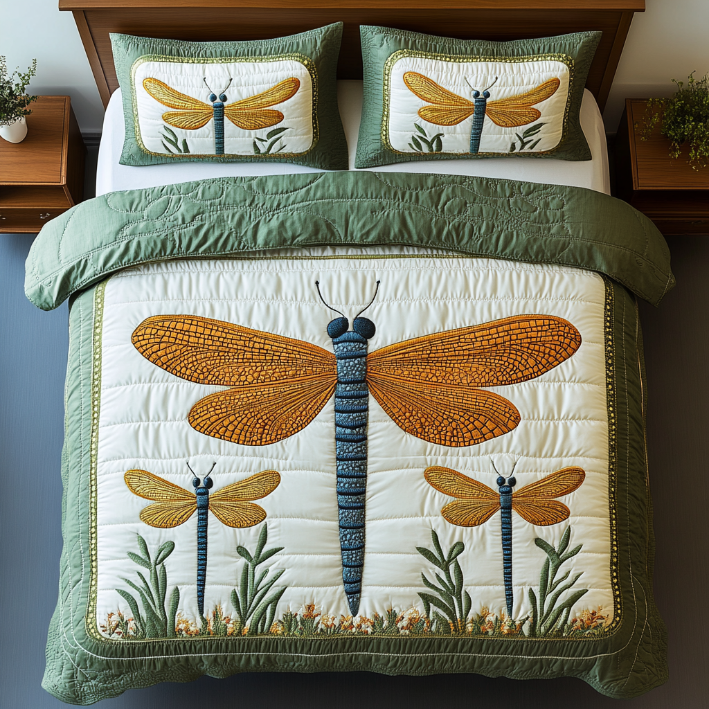 Neutral Mystic Wings Animal quilted 3-piece bedding set on a made bed with two matching pillow shams