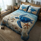 Neutral Ocean Turtle quilted 3-piece bedding set on a made bed with two matching pillow shams