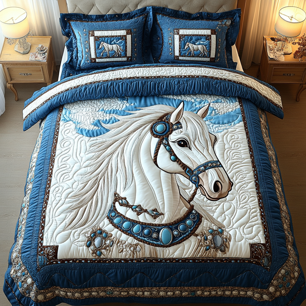 Neutral Swift Stallion quilted 3-piece bedding set on a made bed with two matching pillow shams