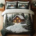 Neutral Winter Cabin quilted 3-piece bedding set on a made bed with two matching pillow shams
