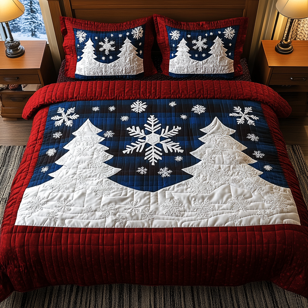 Neutral Winter Wonderland Christmas quilted 3-piece bedding set on a made bed with two matching pillow shams