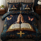 Nightfall Devotion quilted 3-piece bedding set on a made bed with two matching pillow shams