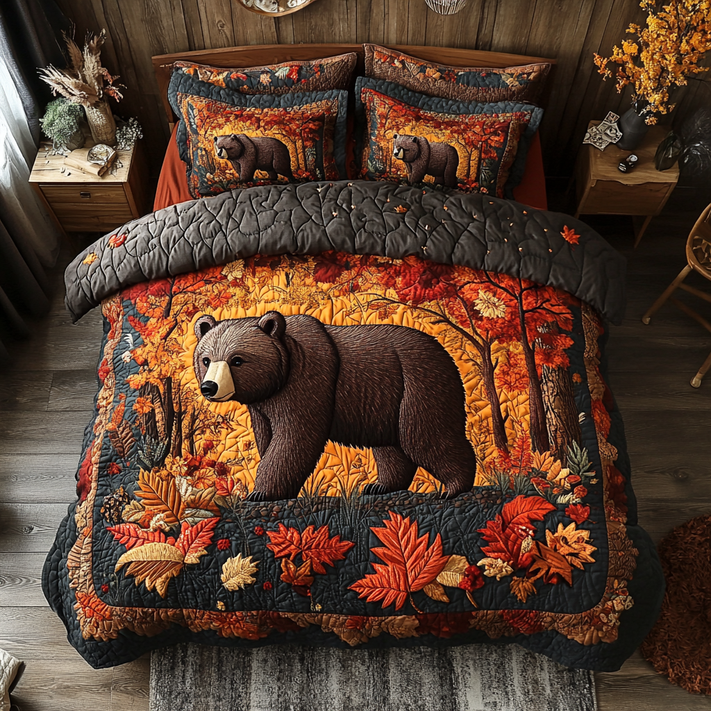 Noble Bear Animal quilted 3-piece bedding set on a made bed with two matching pillow shams