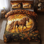Noble Horse Autumn quilted 3-piece bedding set on a made bed with two matching pillow shams