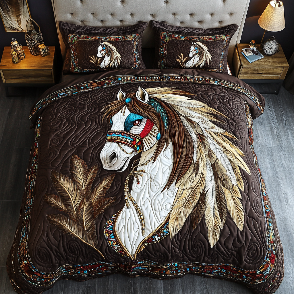 Noble Horse Southwest quilted 3-piece bedding set on a made bed with two matching pillow shams