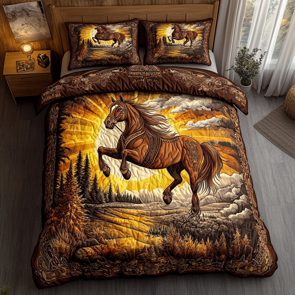 Noble Stallion quilted 3-piece bedding set on a made bed with two matching pillow shams