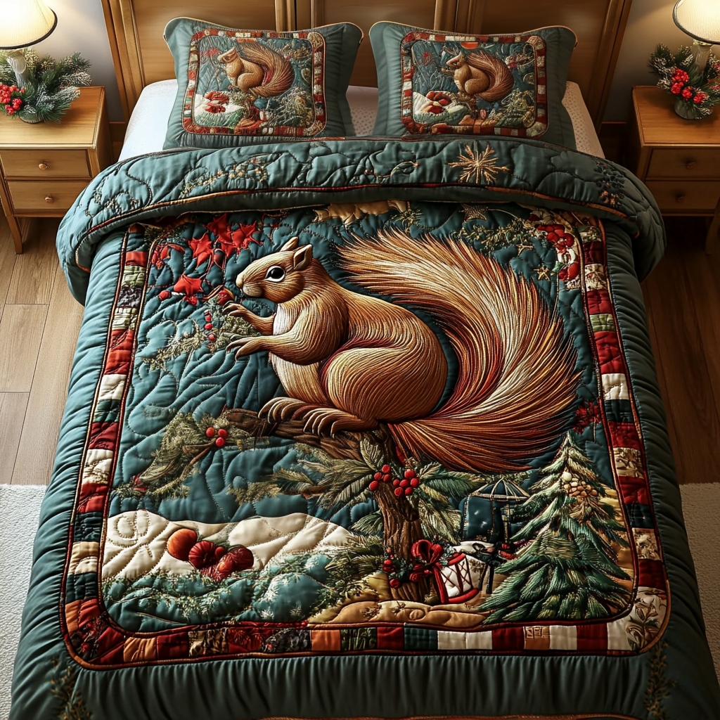 Nutcracker Nest quilted 3-piece bedding set on a made bed with two matching pillow shams