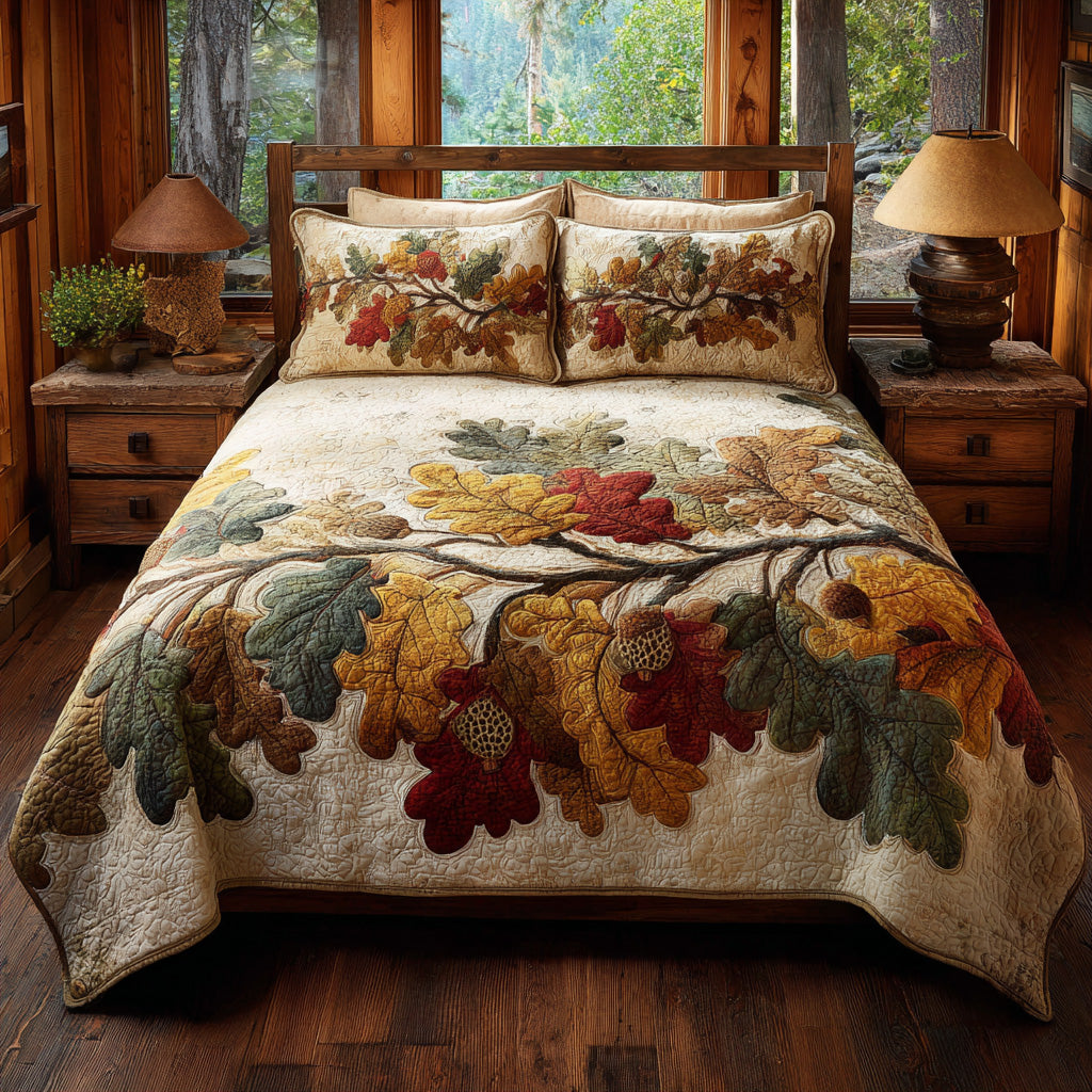 Oak Harvest quilted 3-piece bedding set on a made bed with two matching pillow shams