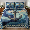 Ocean Anchor quilted 3-piece bedding set on a made bed with two matching pillow shams