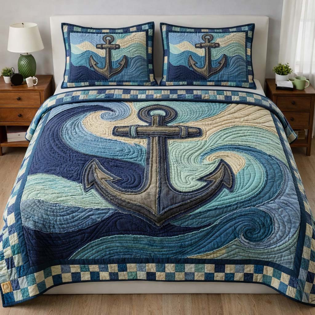 Ocean Anchor quilted 3-piece bedding set on a made bed with two matching pillow shams