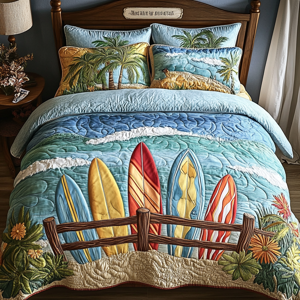 Ocean Breeze Hawaii quilted 3-piece bedding set on a made bed with two matching pillow shams