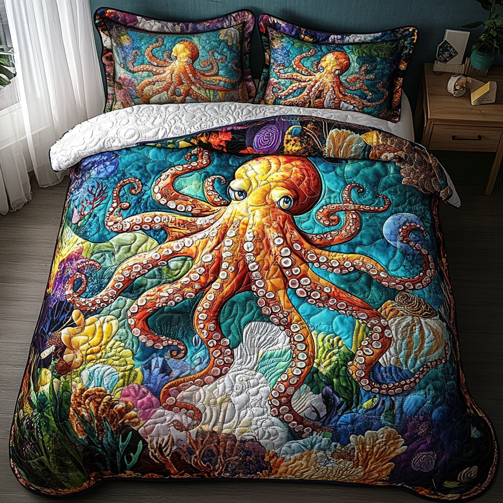Ocean Embrace Animal quilted 3-piece bedding set on a made bed with two matching pillow shams