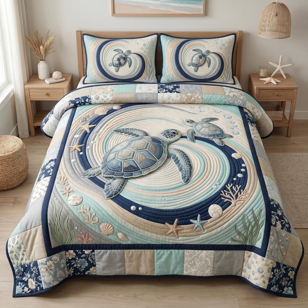Ocean Embrace Octopus quilted 3-piece bedding set on a made bed with two matching pillow shams