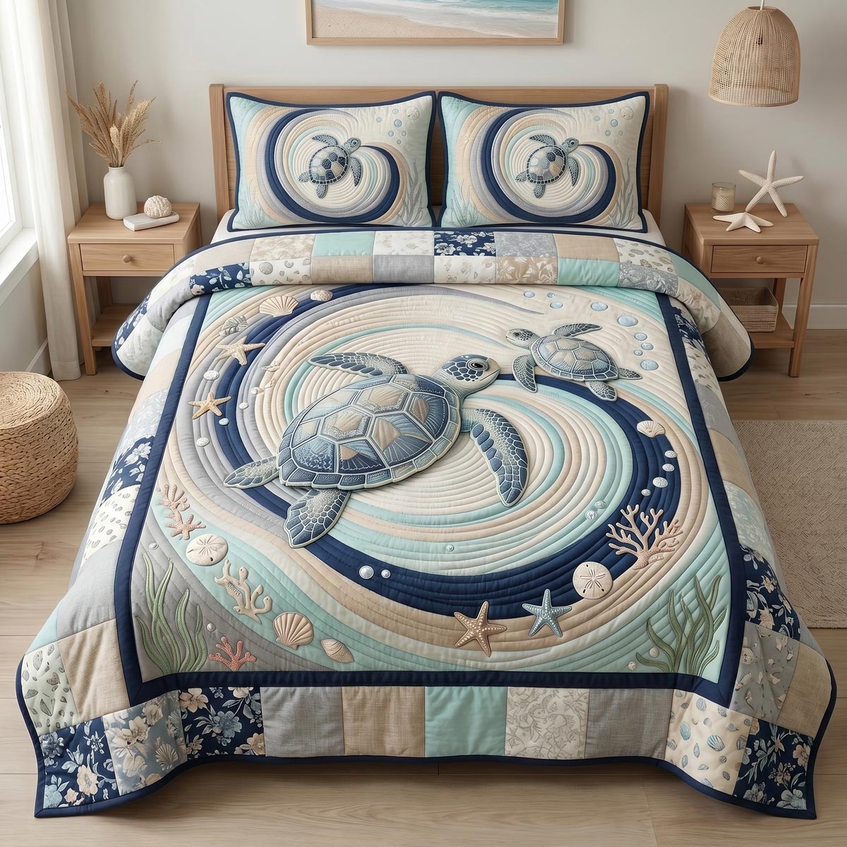 Ocean Embrace Octopus quilted 3-piece bedding set on a made bed with two matching pillow shams