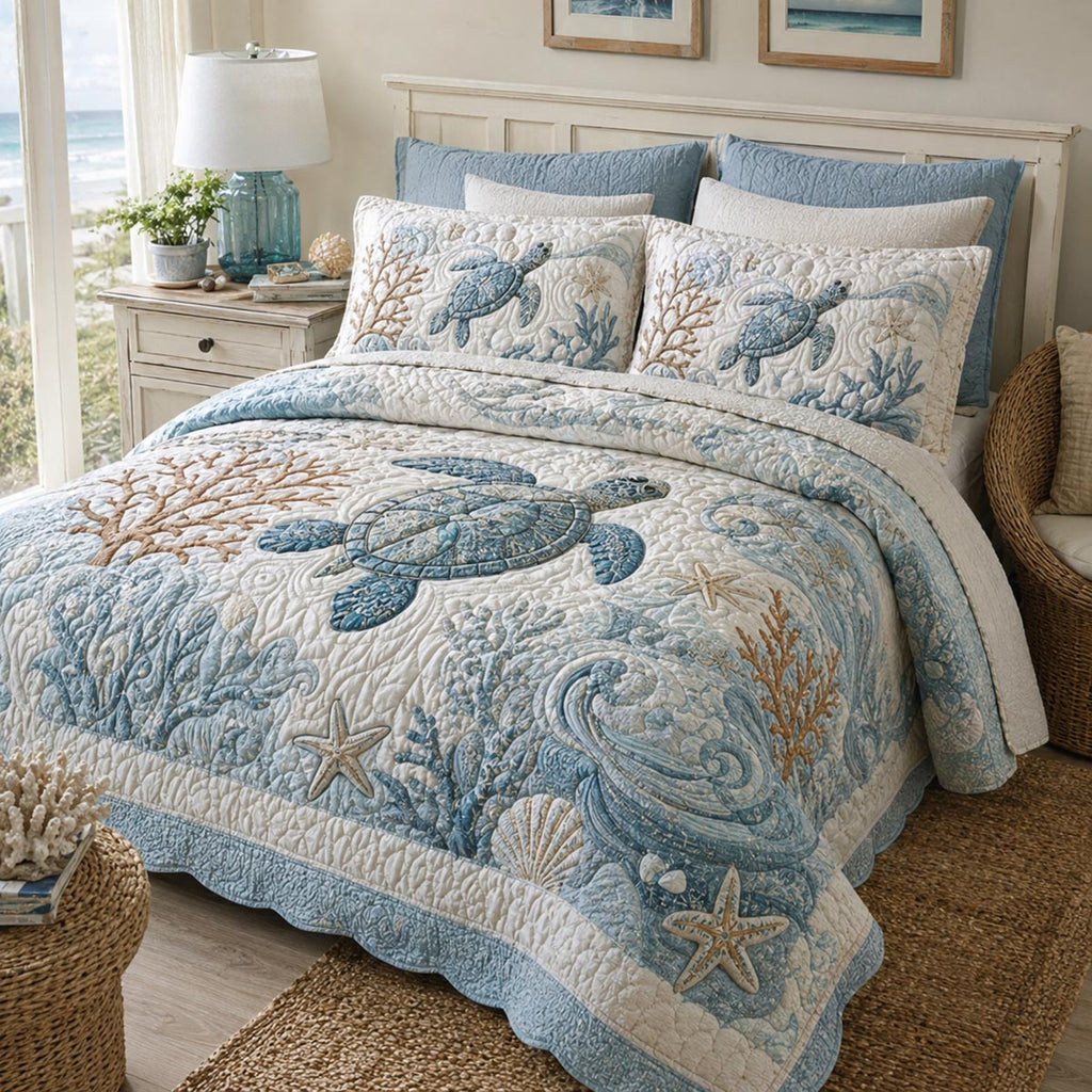 Ocean Friends quilted 3-piece bedding set on a made bed with two matching pillow shams
