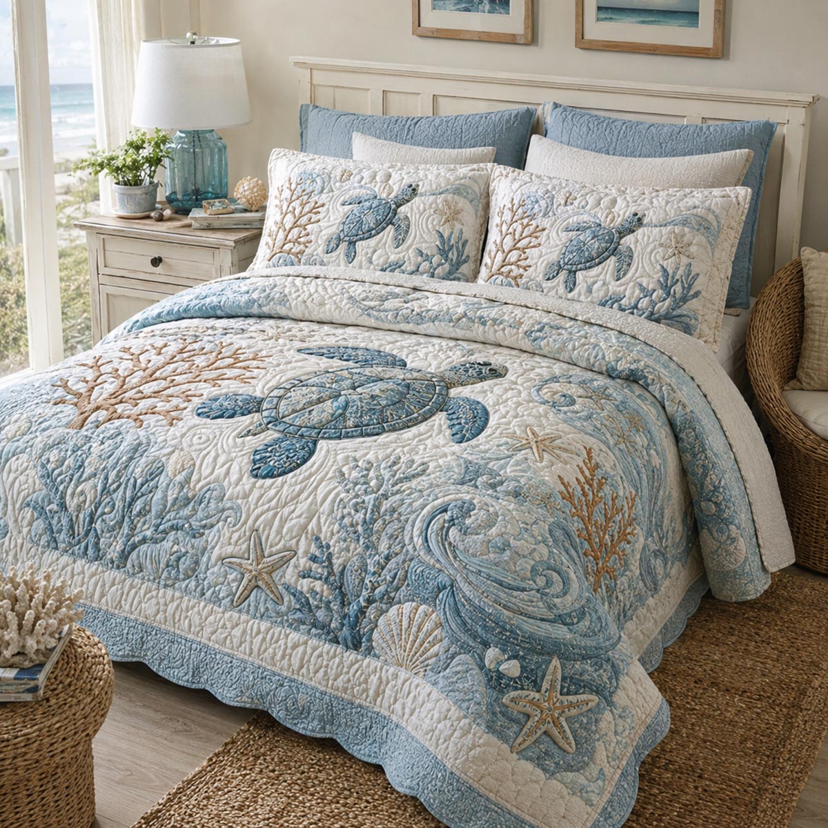 Ocean Friends quilted 3-piece bedding set on a made bed with two matching pillow shams