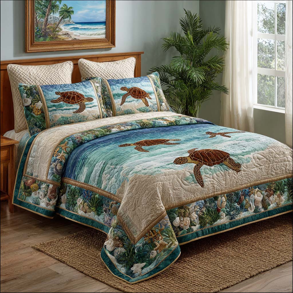 Ocean Harmony Beach quilted 3-piece bedding set on a made bed with two matching pillow shams