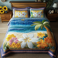 Ocean Horizon quilted 3-piece bedding set on a made bed with two matching pillow shams