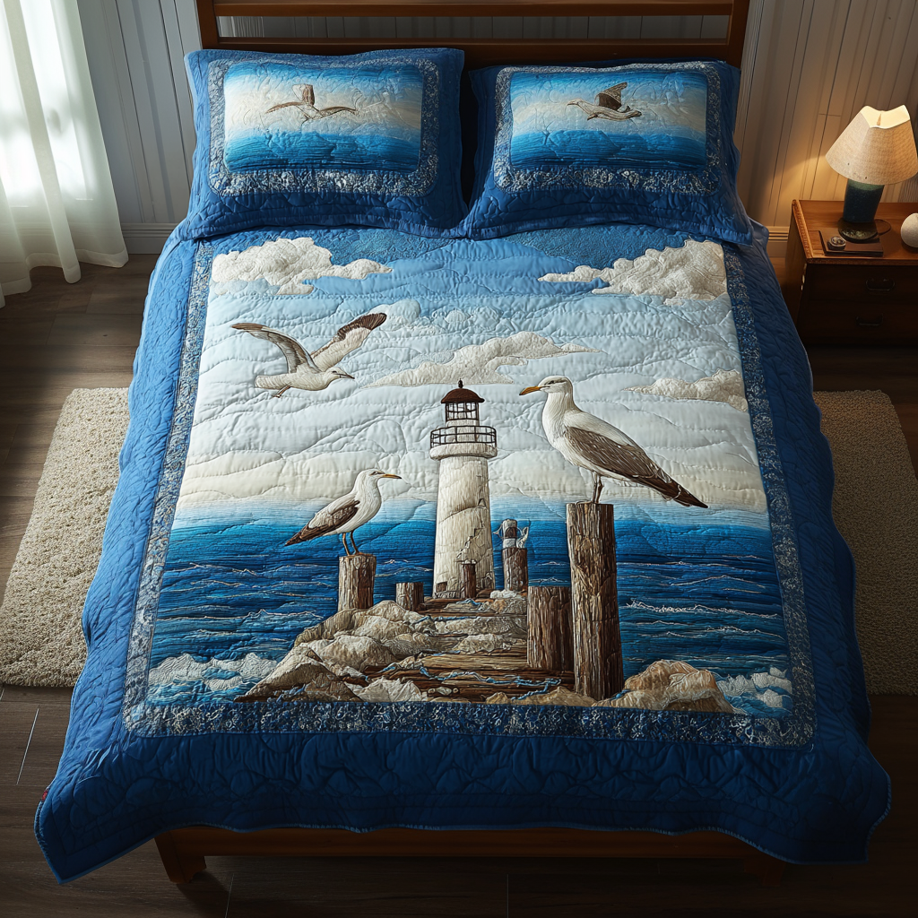 Ocean Seagull quilted 3-piece bedding set on a made bed with two matching pillow shams