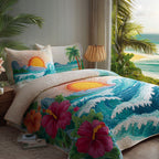 Ocean Sunset quilted 3-piece bedding set on a made bed with two matching pillow shams