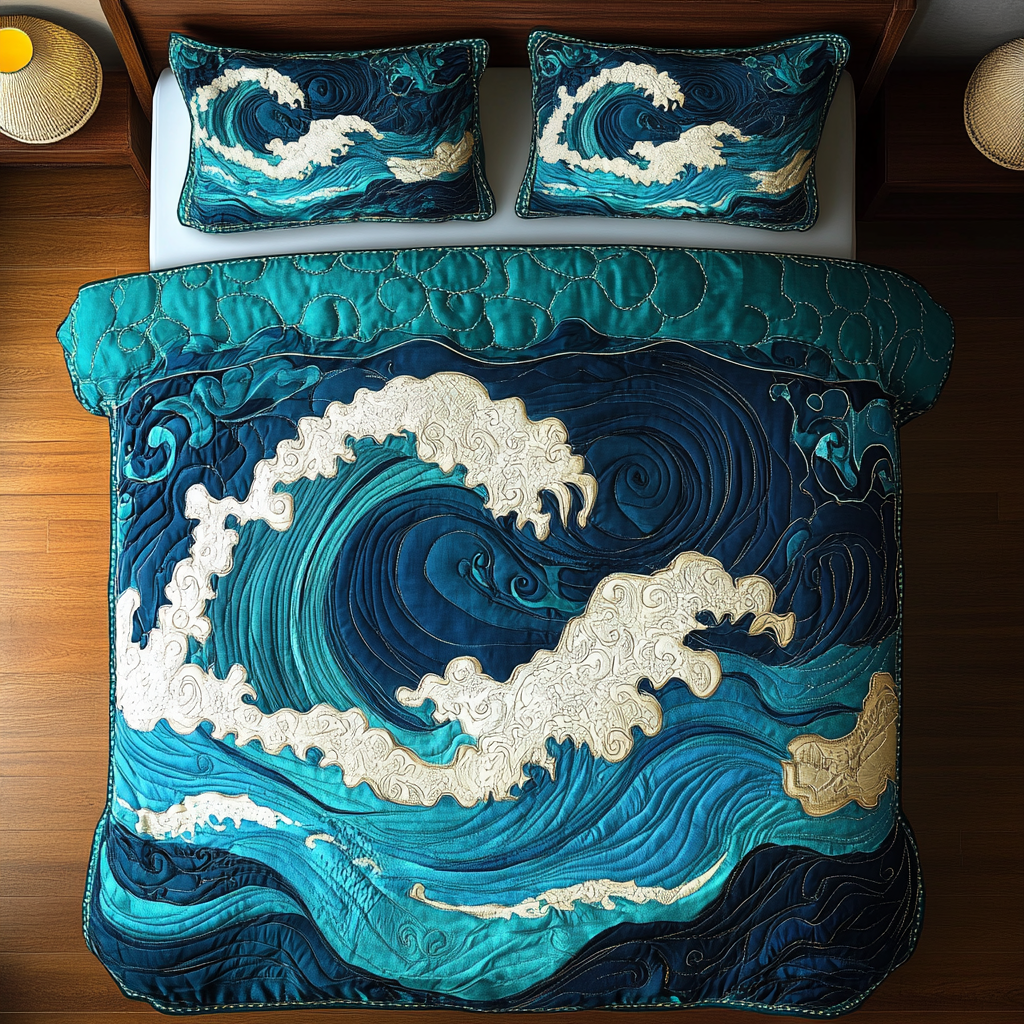 Ocean Surge quilted 3-piece bedding set on a made bed with two matching pillow shams