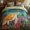 Ocean Turtle Aquatic quilted 3-piece bedding set on a made bed with two matching pillow shams