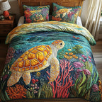 Ocean Turtle Aquatic quilted 3-piece bedding set on a made bed with two matching pillow shams