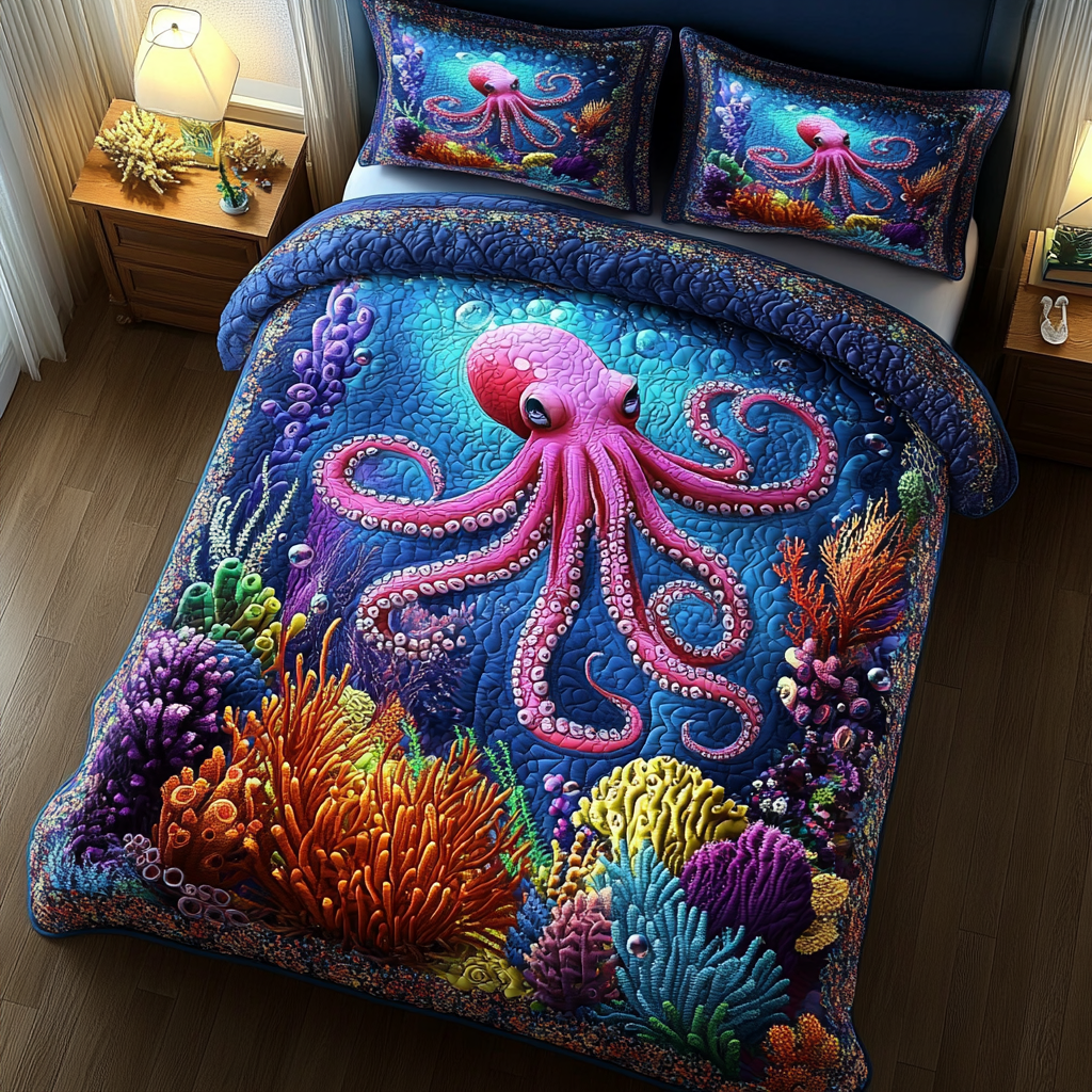 Octopus Sanctuary quilted 3-piece bedding set on a made bed with two matching pillow shams