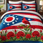 Ohio Bloom quilted 3-piece bedding set on a made bed with two matching pillow shams
