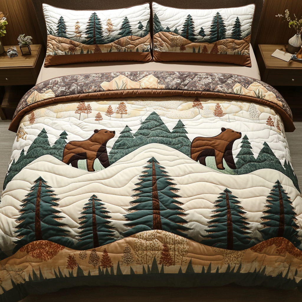 Orange Bear Haven quilted 3-piece bedding set on a made bed with two matching pillow shams