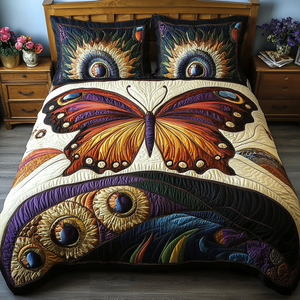 Orange Butterfly Bliss Bedspread quilted 3-piece bedding set on a made bed with two matching pillow shams