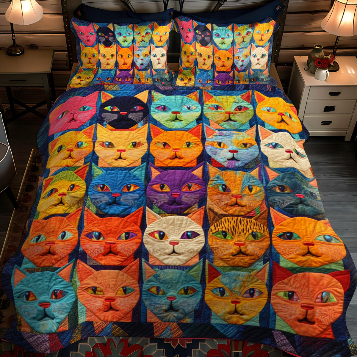 Orange Cat Portraits quilted 3-piece bedding set on a made bed with two matching pillow shams
