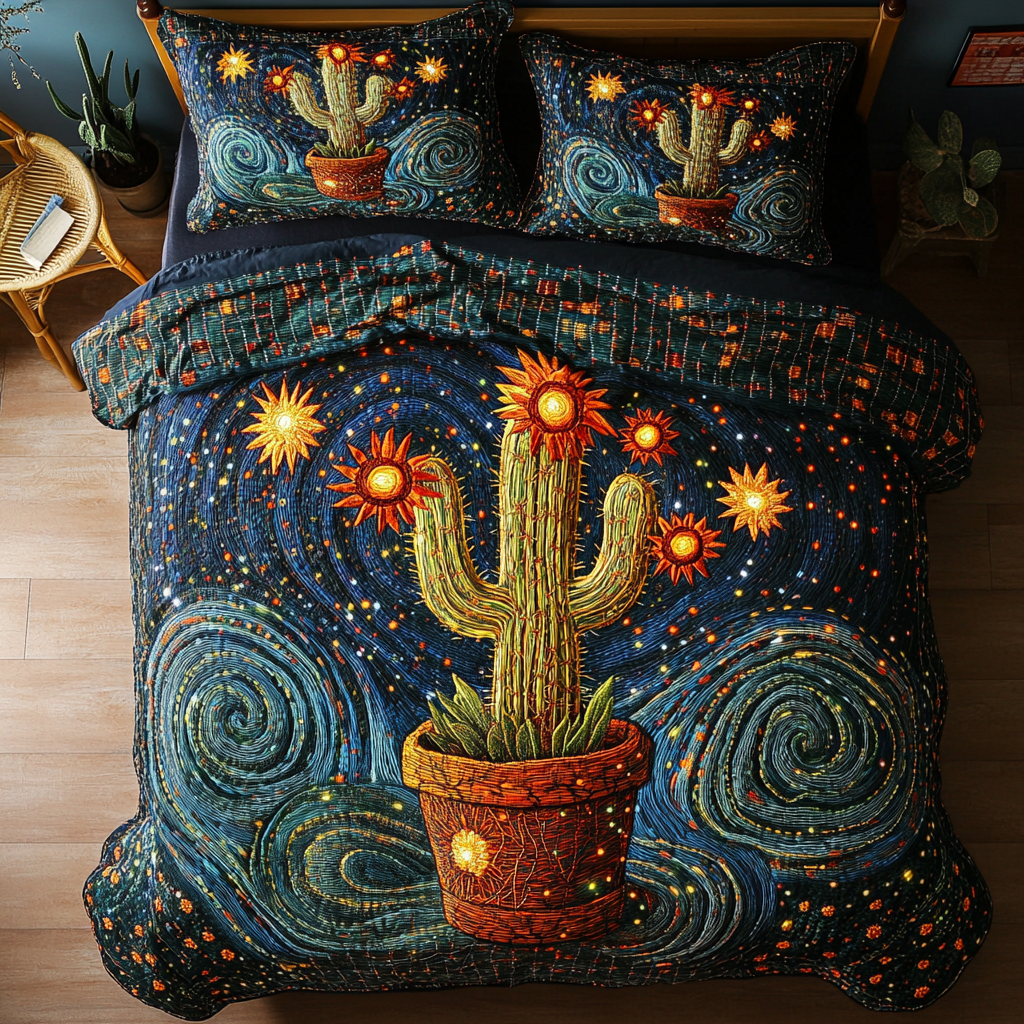 Orange Desert Bloom Bedspread quilted 3-piece bedding set on a made bed with two matching pillow shams
