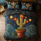 Orange Desert Bloom Bedspread quilted 3-piece bedding set on a made bed with two matching pillow shams