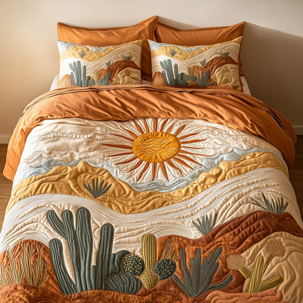 Orange Desert Bloom Bedspreads quilted 3-piece bedding set on a made bed with two matching pillow shams