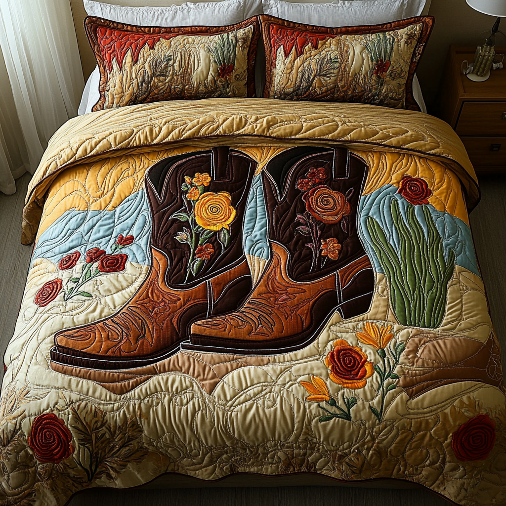 Orange Desert Bloom Cowboy quilted 3-piece bedding set on a made bed with two matching pillow shams