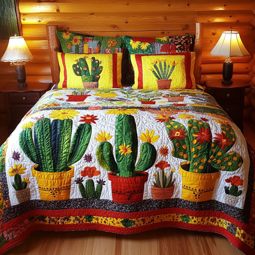 Orange Desert Dreams quilted 3-piece bedding set on a made bed with two matching pillow shams