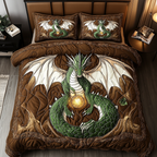 Orange Dragon Fire quilted 3-piece bedding set on a made bed with two matching pillow shams