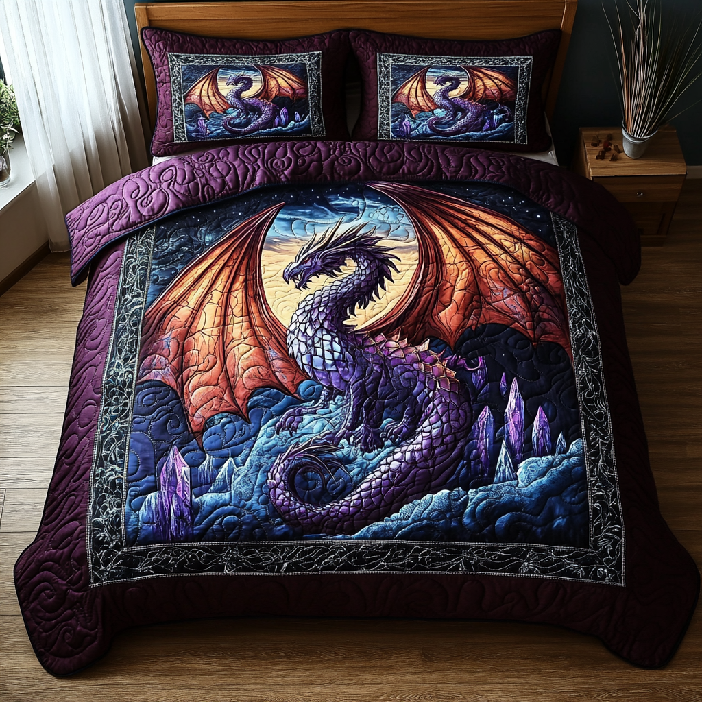 Orange Dragon Legend quilted 3-piece bedding set on a made bed with two matching pillow shams